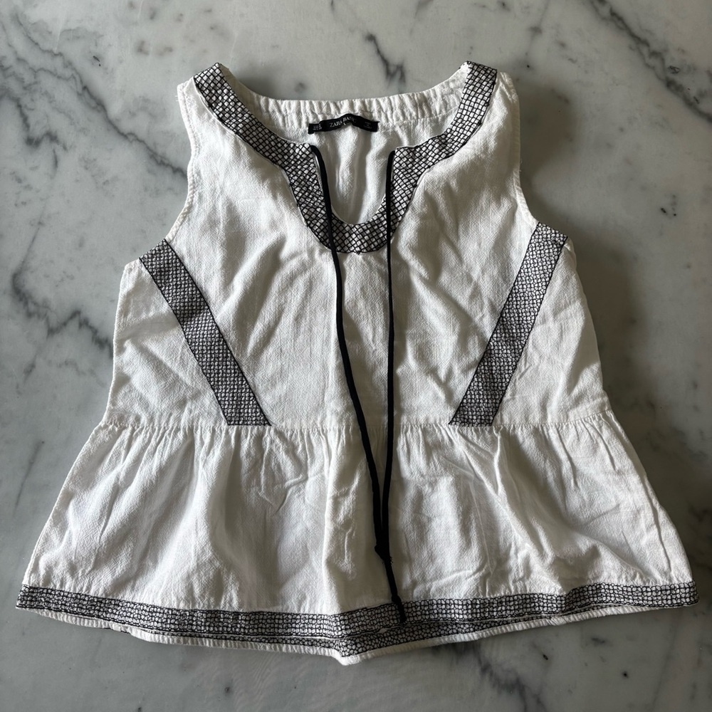 Zara White Linen/Cotton Peplum Sleeveless Top